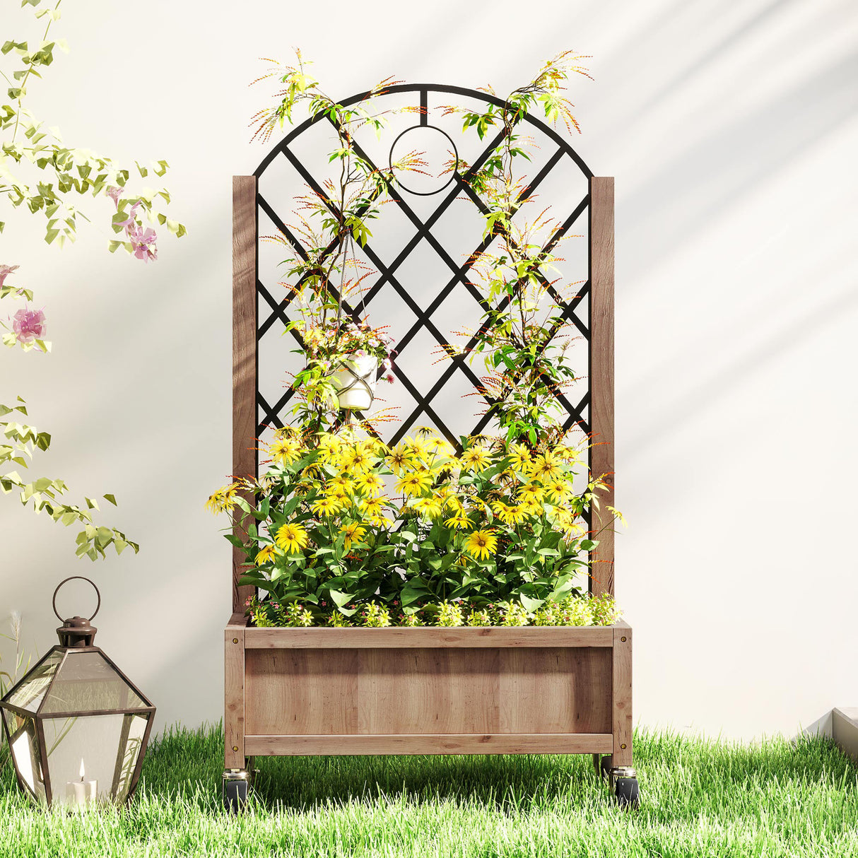 Fir Wood Outdoor Garden Planter Box With Wheels 52cm Wide - Velmora