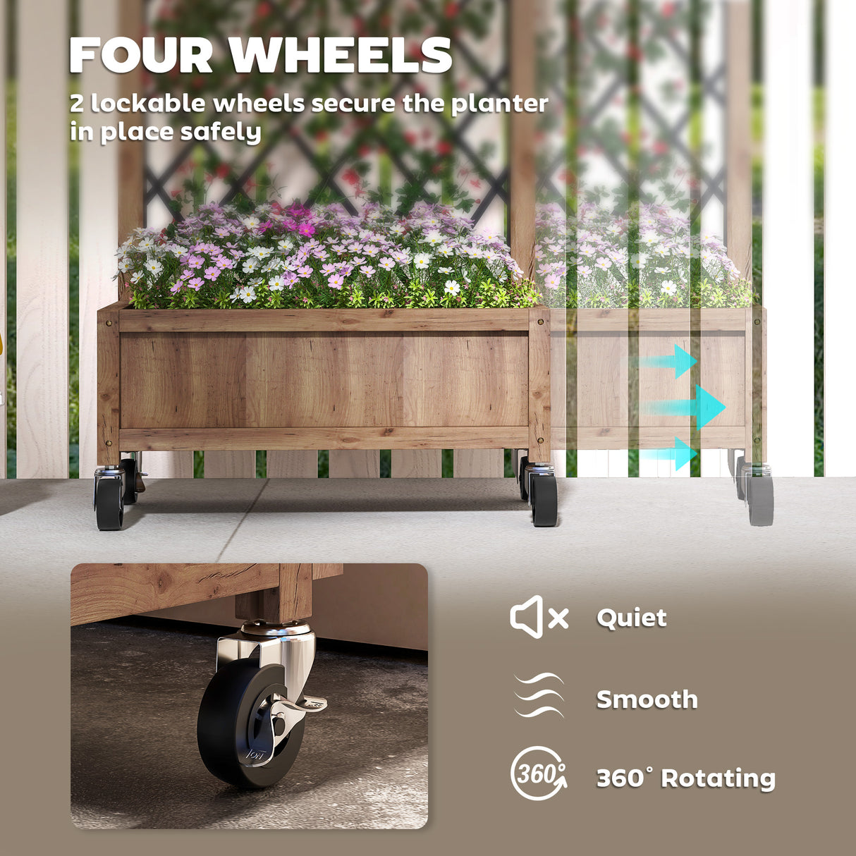 Fir Wood Outdoor Garden Planter Box With Wheels 52cm Wide - Velmora