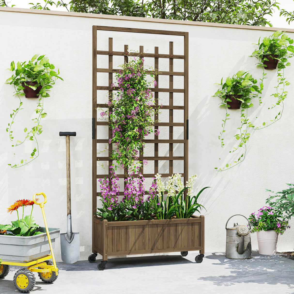 Fir Wood Outdoor Garden Planter Box With Wheels 82.5cm Wide - Velmora