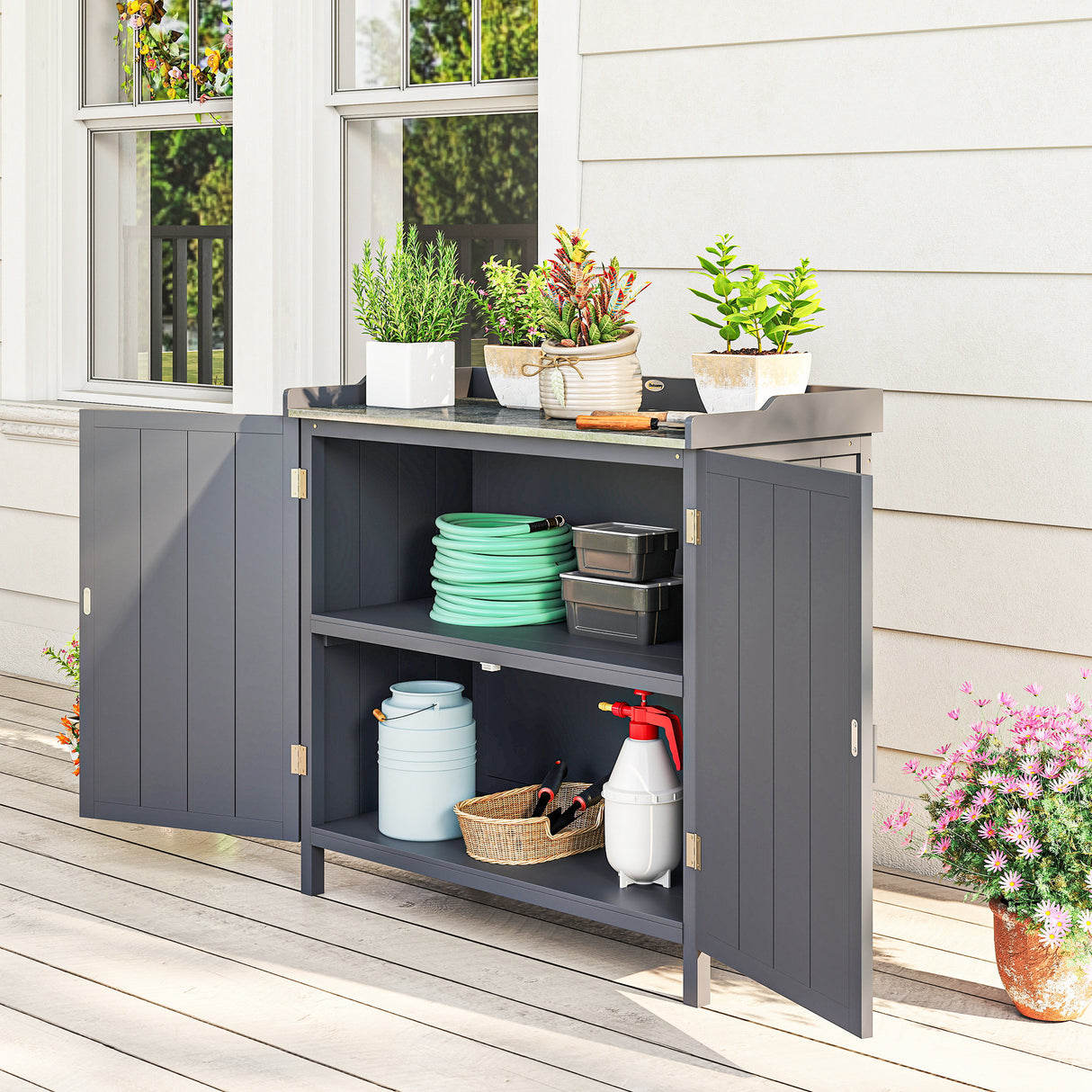 Fir Wood Outdoor Garden Storage Cabinet 98cm Wide - Velmora