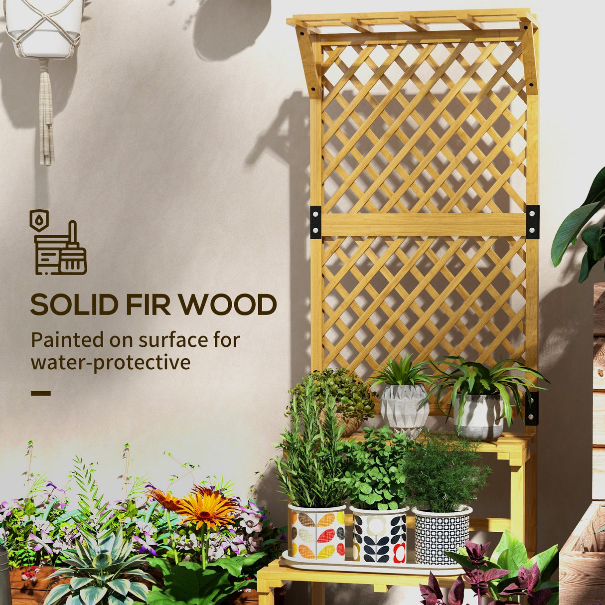 Fir Wood Plant Stand With Trellis 60cm Wide - Velmora