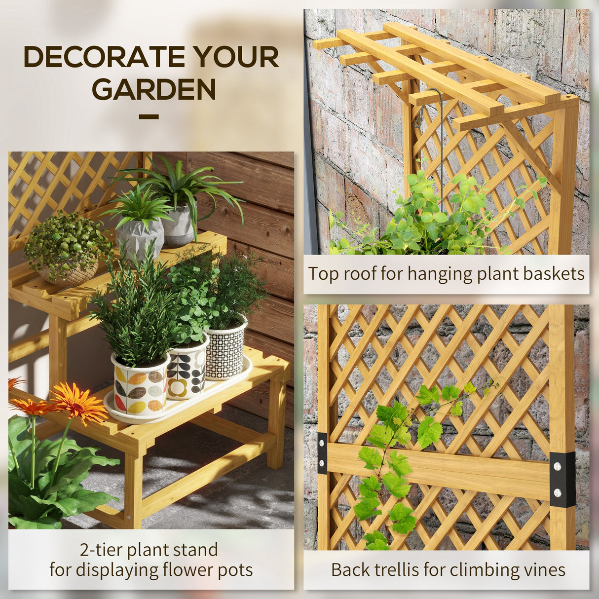 Fir Wood Plant Stand With Trellis 60cm Wide - Velmora