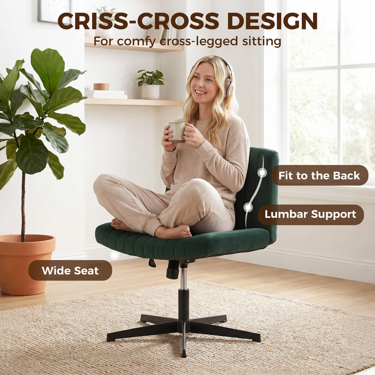 Flannel Fabric Home And Office Chair 61cm Wide Armless With Criss Cross Legs - Velmora