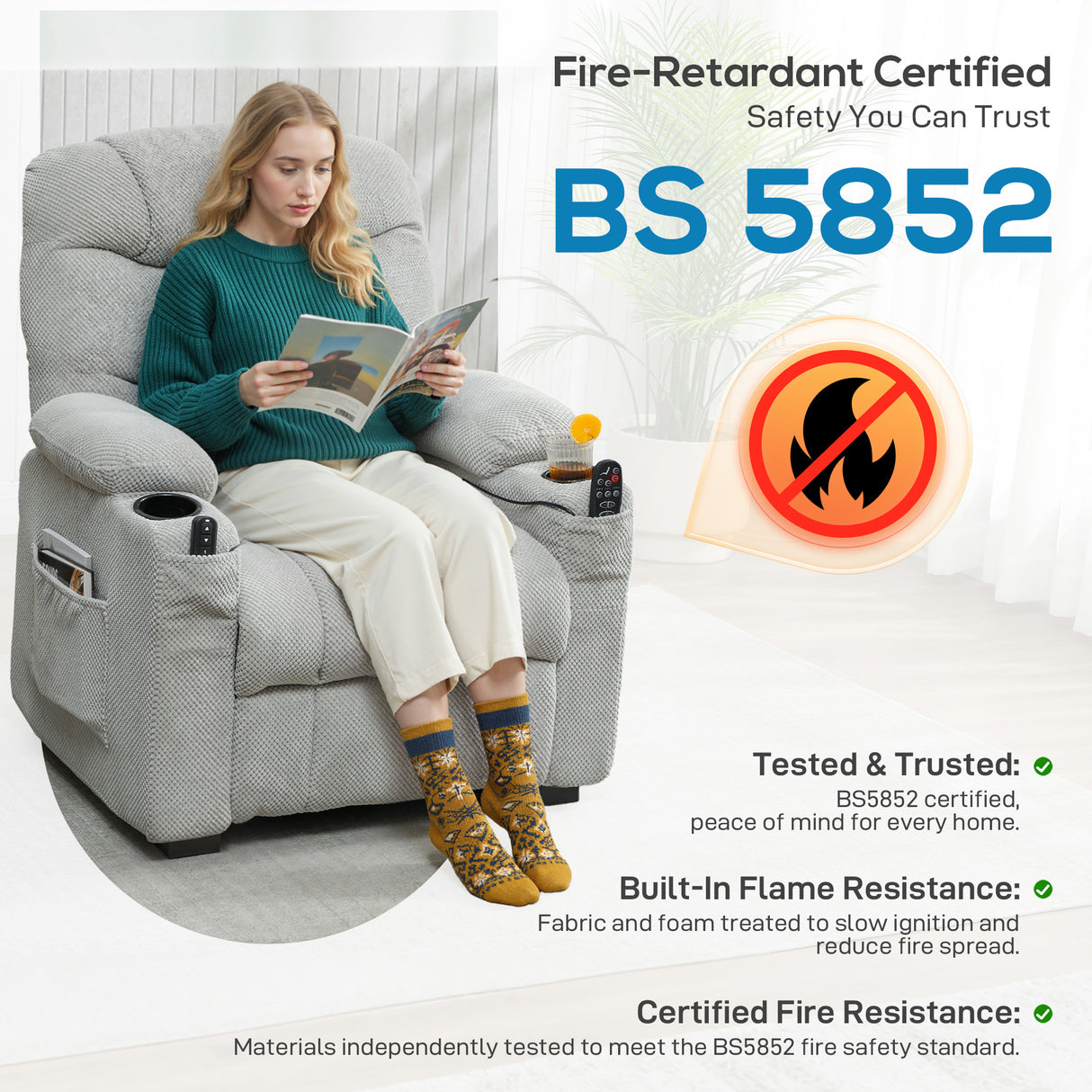Fleece Fabric Electric Recliner Chair 96cm Wide - Velmora