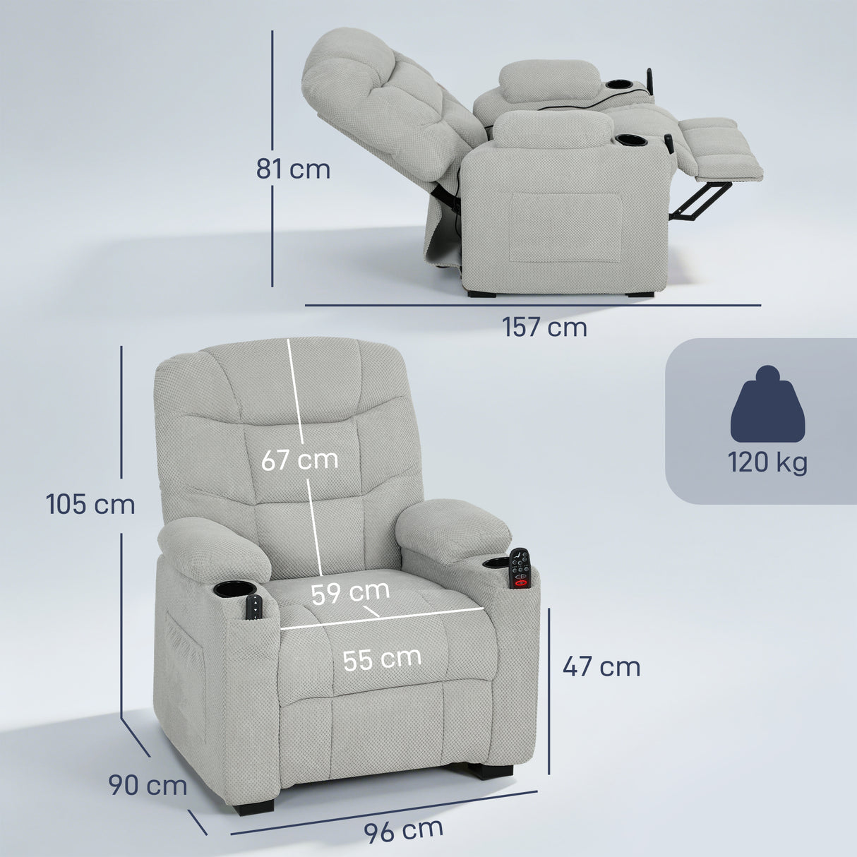 Fleece Fabric Electric Recliner Chair 96cm Wide - Velmora