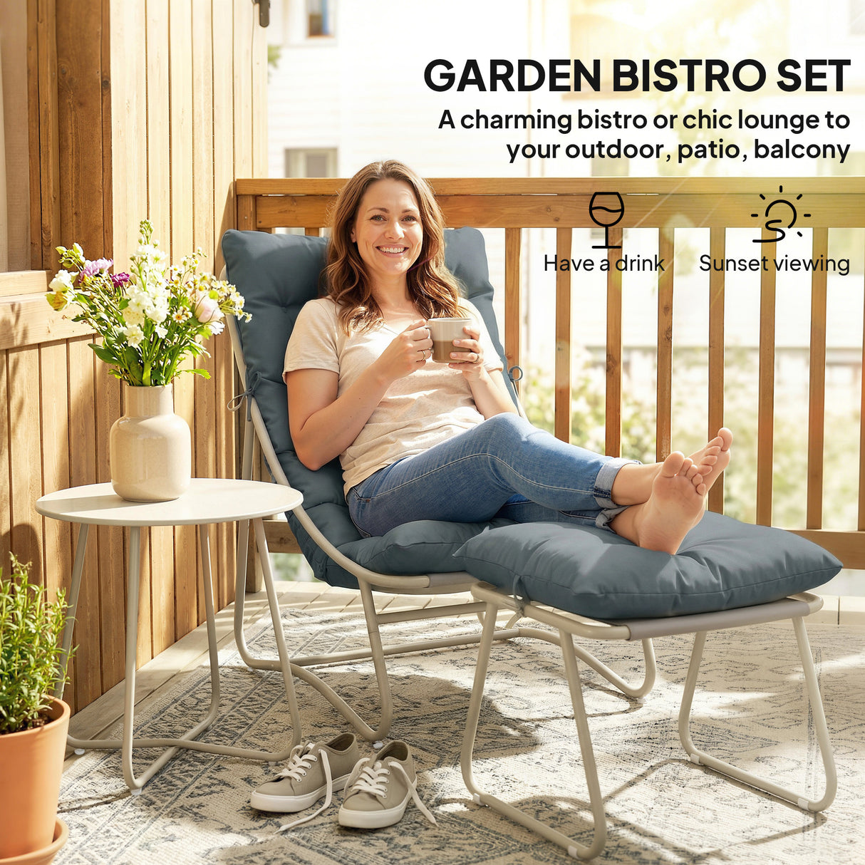 Galvanised Steel 3 Pieces Garden Bistro Set With Footstool and Removable Cushions - Velmora