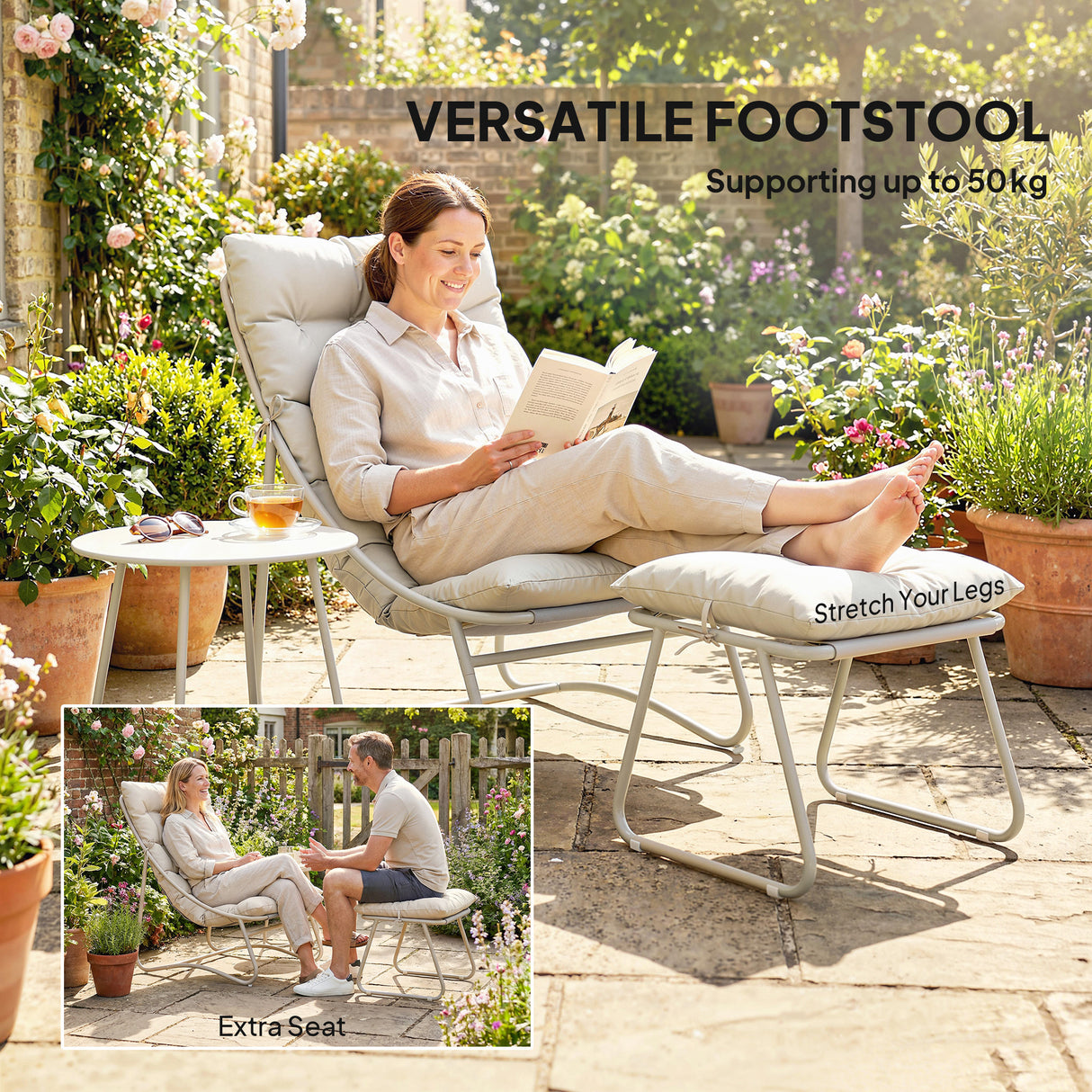 Galvanised Steel 3 Pieces Garden Bistro Set With Footstool and Removable Cushions - Velmora