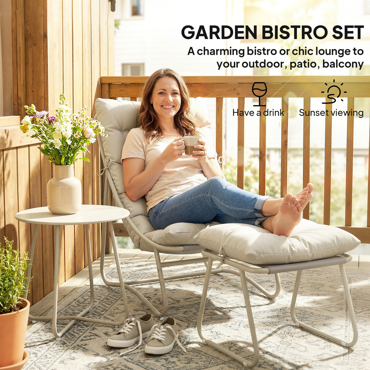 Galvanised Steel 3 Pieces Garden Bistro Set With Footstool and Removable Cushions - Velmora