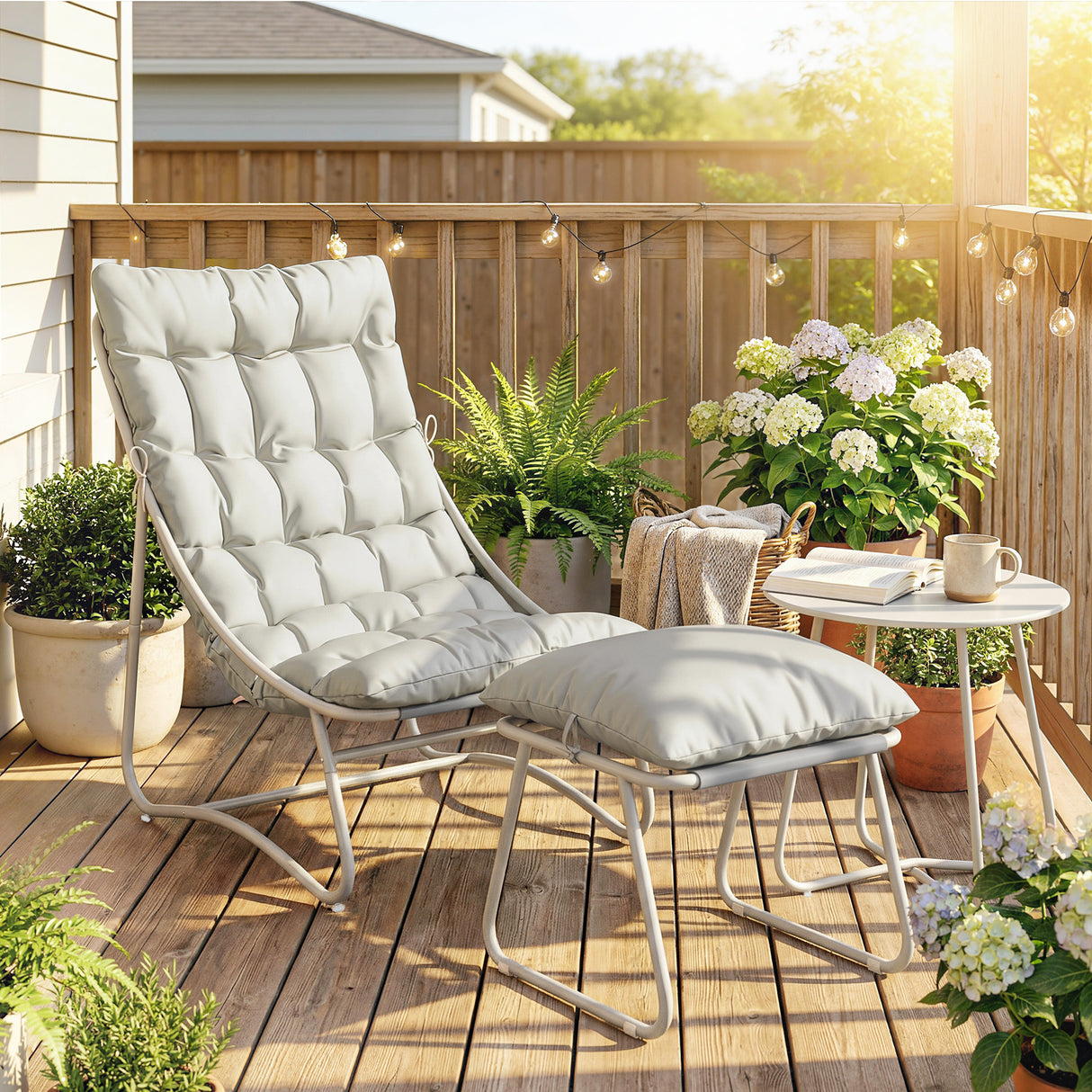 Galvanised Steel 3 Pieces Garden Bistro Set With Footstool and Removable Cushions - Velmora