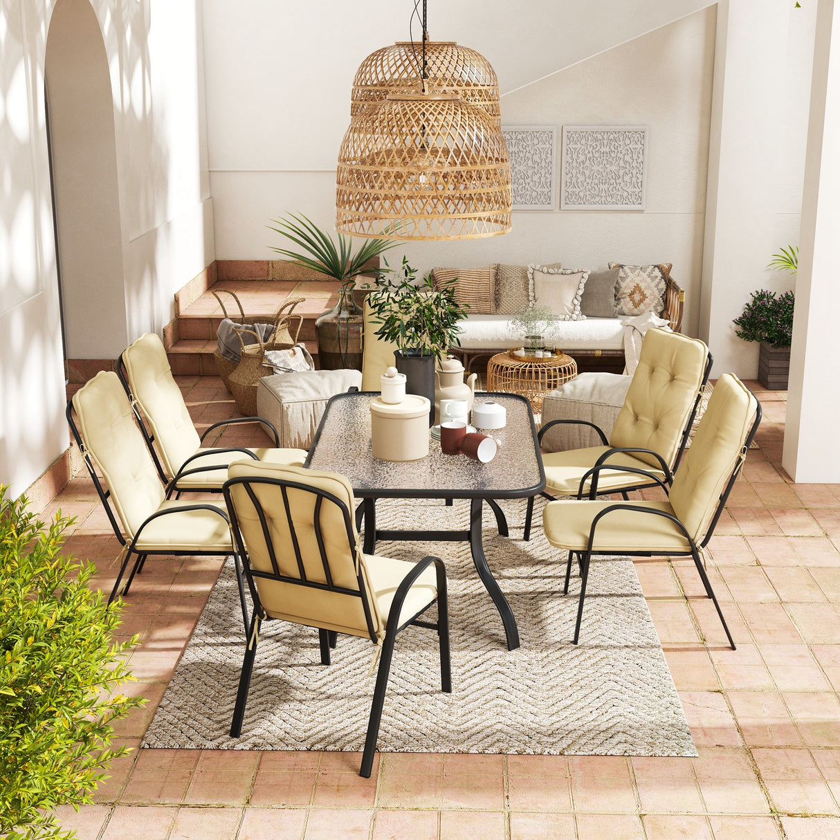Galvanised Steel 7 Pieces Minimal Garden Dining Set With Cushions And Parasol Hole - Velmora