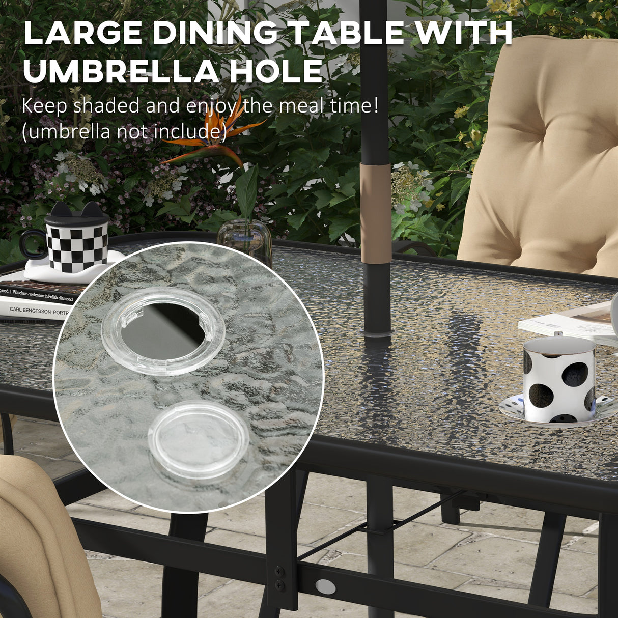 Galvanised Steel 7 Pieces Minimal Garden Dining Set With Cushions And Parasol Hole - Velmora