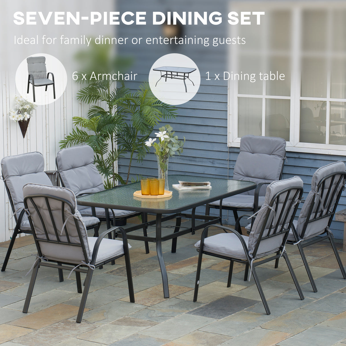 Galvanised Steel 7 Pieces Minimal Garden Dining Set With Cushions And Parasol Hole - Velmora