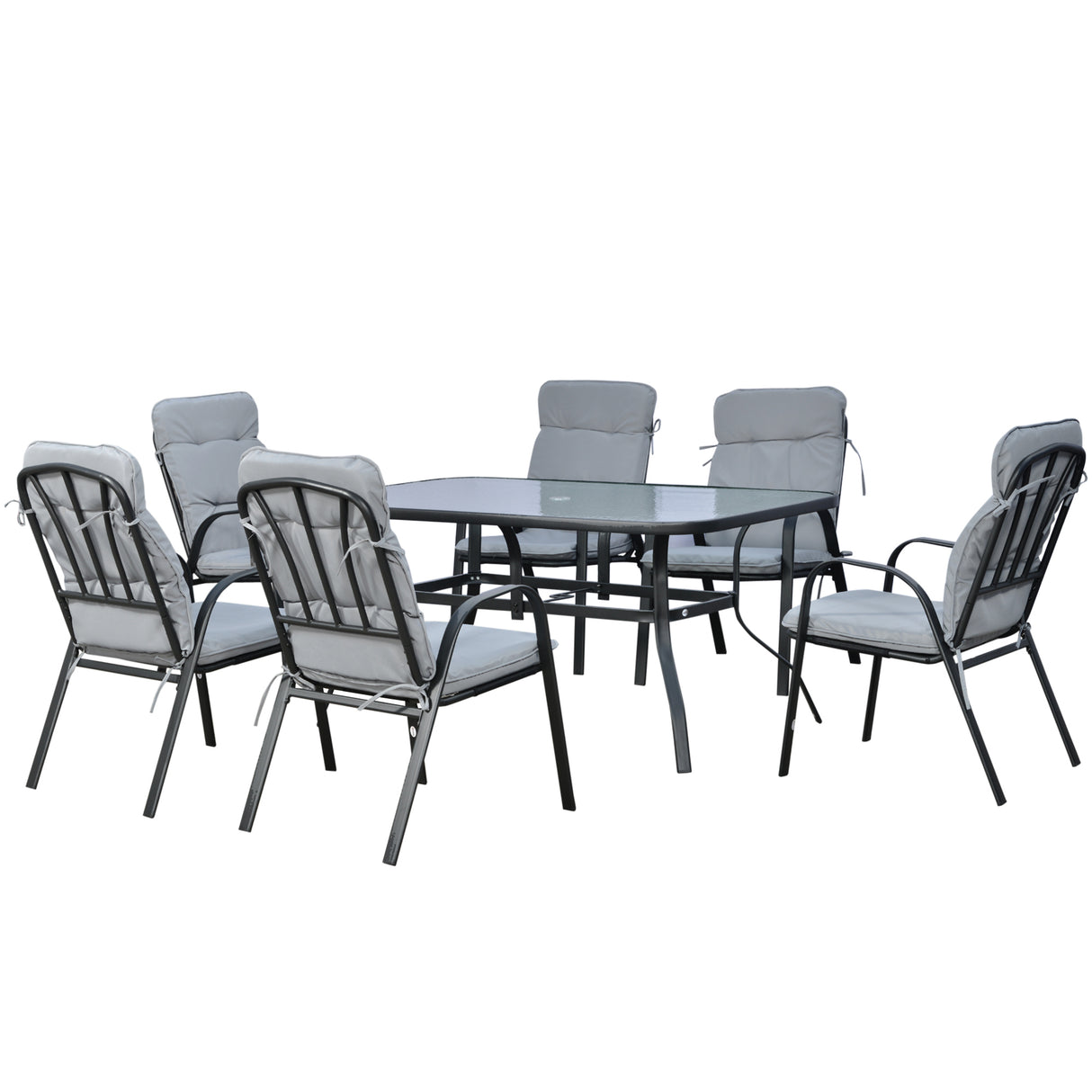 Galvanised Steel 7 Pieces Minimal Garden Dining Set With Cushions And Parasol Hole - Velmora