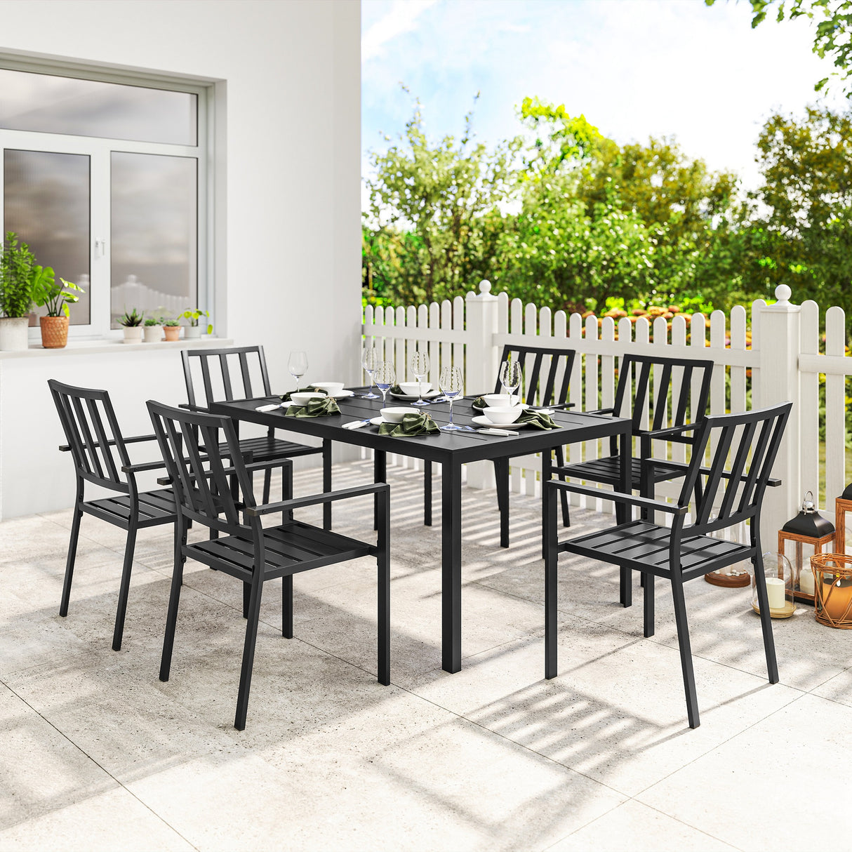 Galvanised Steel 7 Pieces Minimal Garden Dining Set With Parasol Hole - Velmora