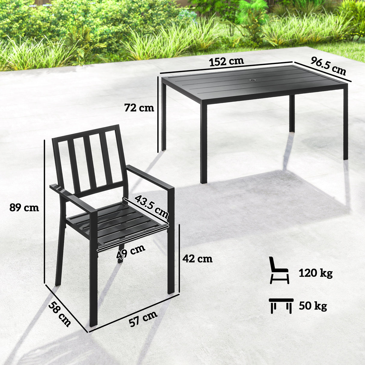 Galvanised Steel 7 Pieces Minimal Garden Dining Set With Parasol Hole - Velmora