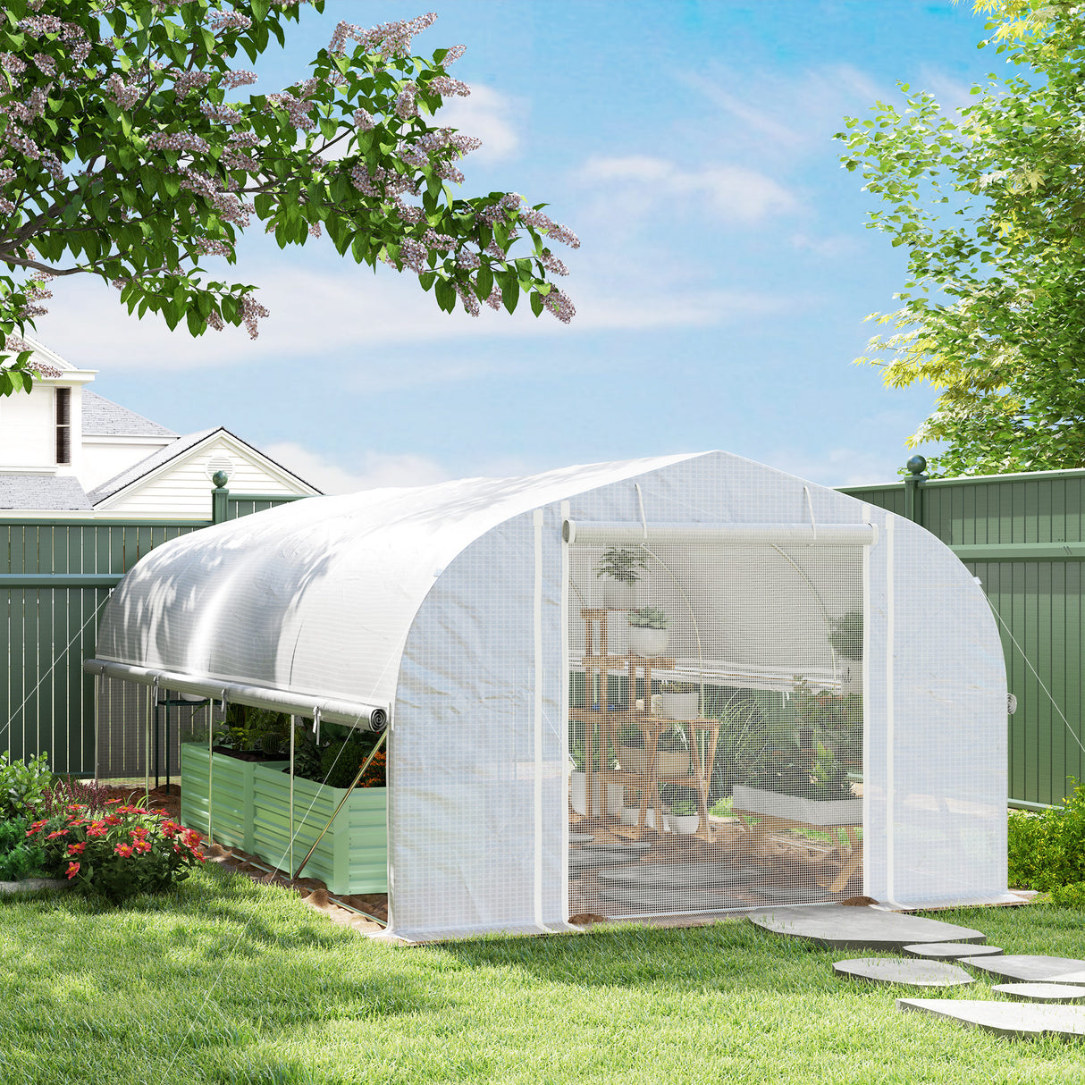 Galvanised Steel Frame Garden Greenhouse 595cm Length With 8 Mesh Windows - Velmora