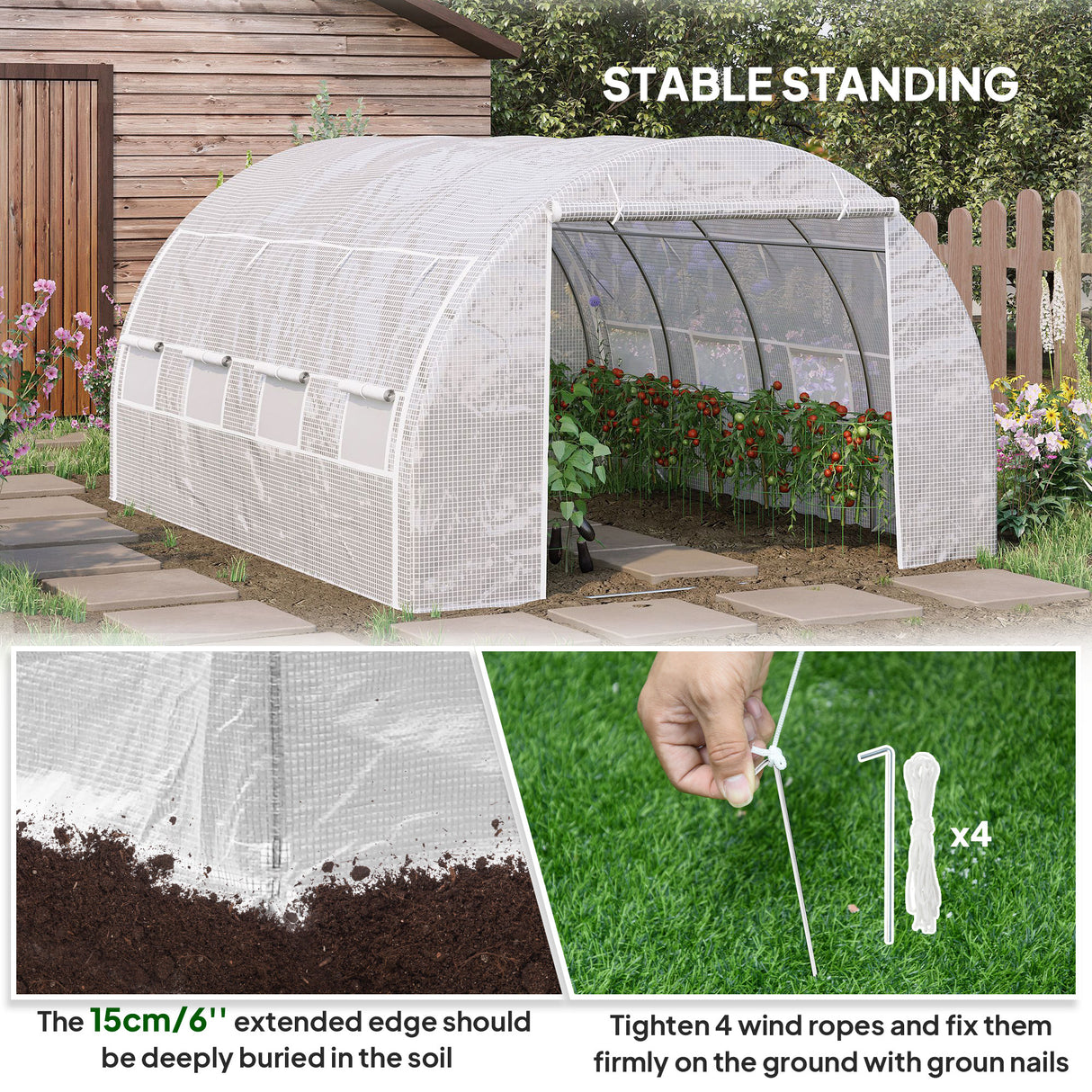 Galvanised Steel Frame Garden Polytunnel Greenhouse With 8 Windows - Velmora