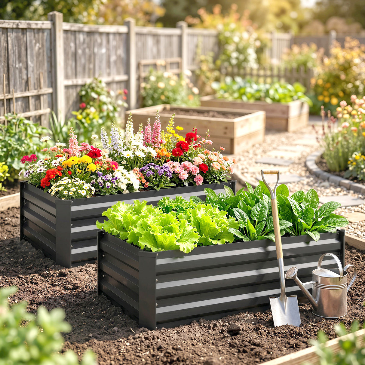 Galvanised Steel Outdoor Garden Planter Box 100cm Wide in Set Of 2 - Velmora