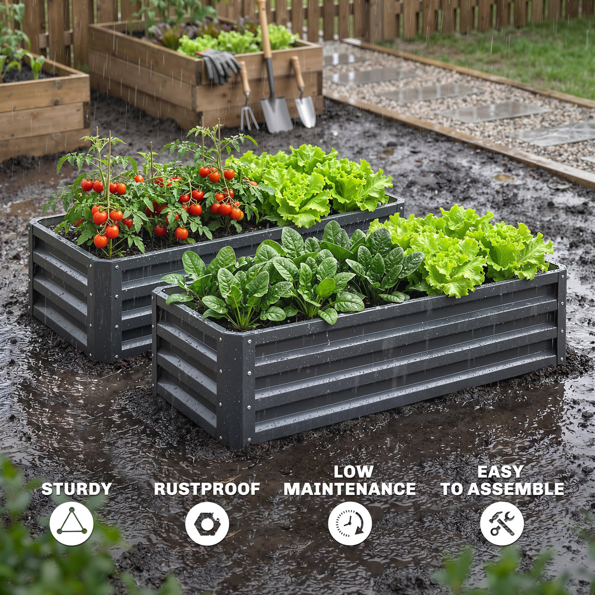 Galvanised Steel Outdoor Garden Planter Box 110cm Wide in Set Of 2 - Velmora