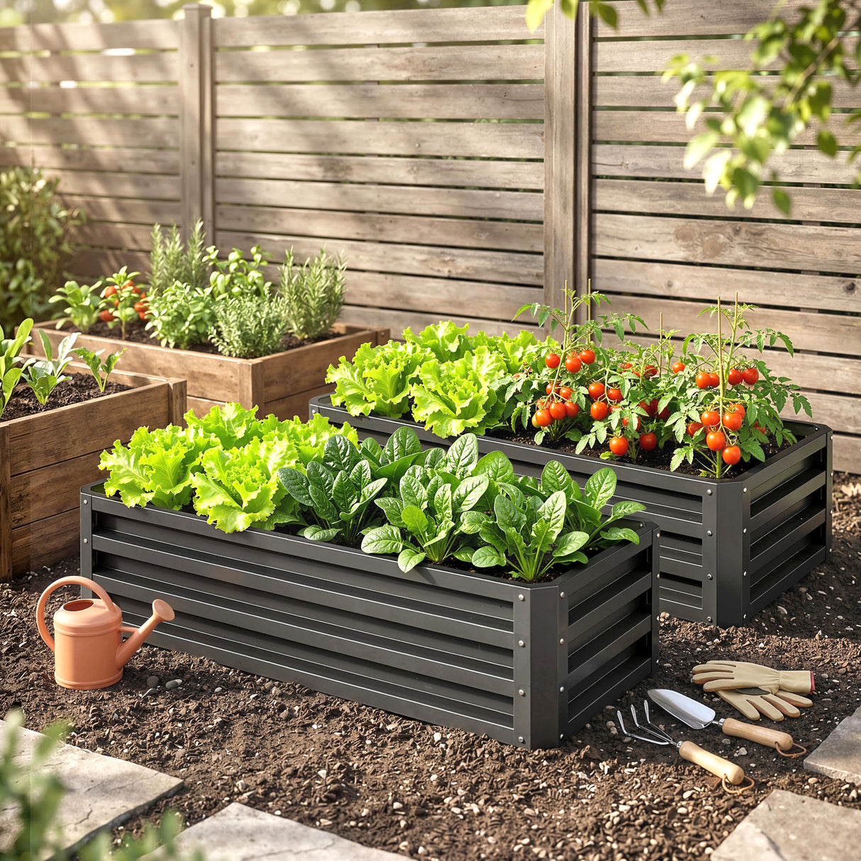 Galvanised Steel Outdoor Garden Planter Box 110cm Wide in Set Of 2 - Velmora