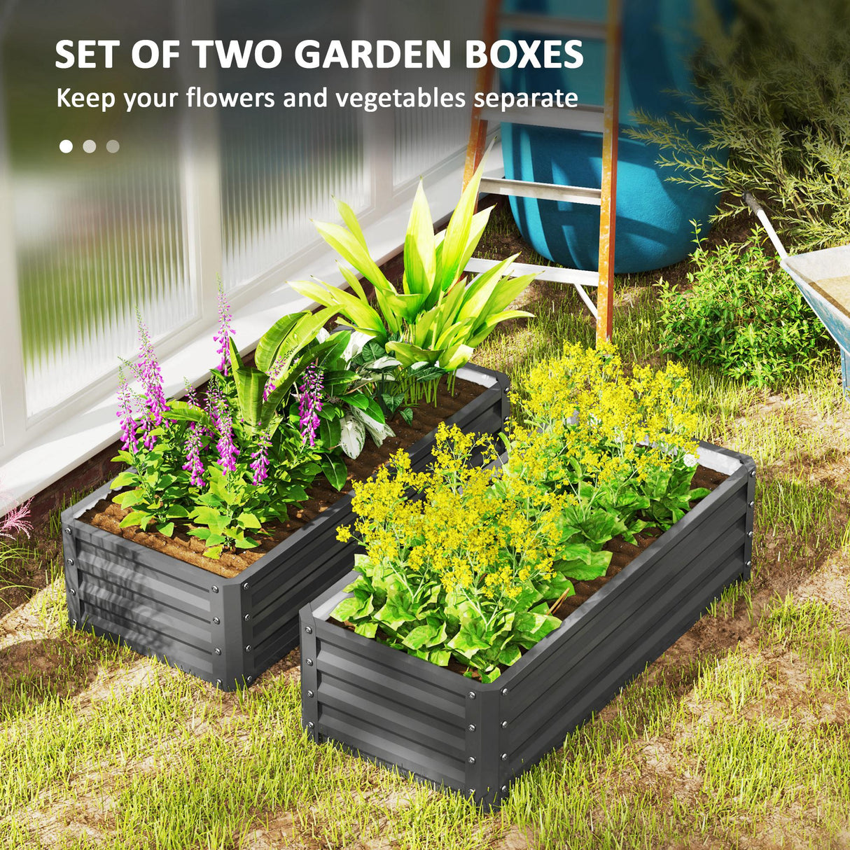 Galvanised Steel Outdoor Garden Planter Box 110cm Wide in Set Of 2 - Velmora