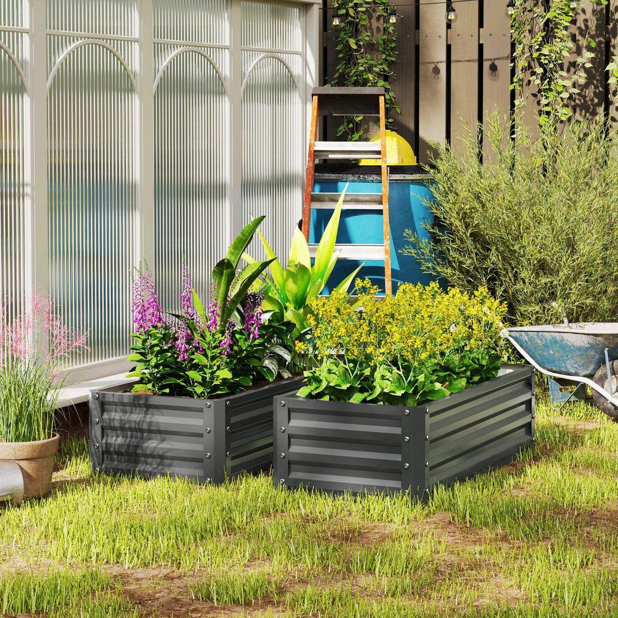 Galvanised Steel Outdoor Garden Planter Box 110cm Wide in Set Of 2 - Velmora