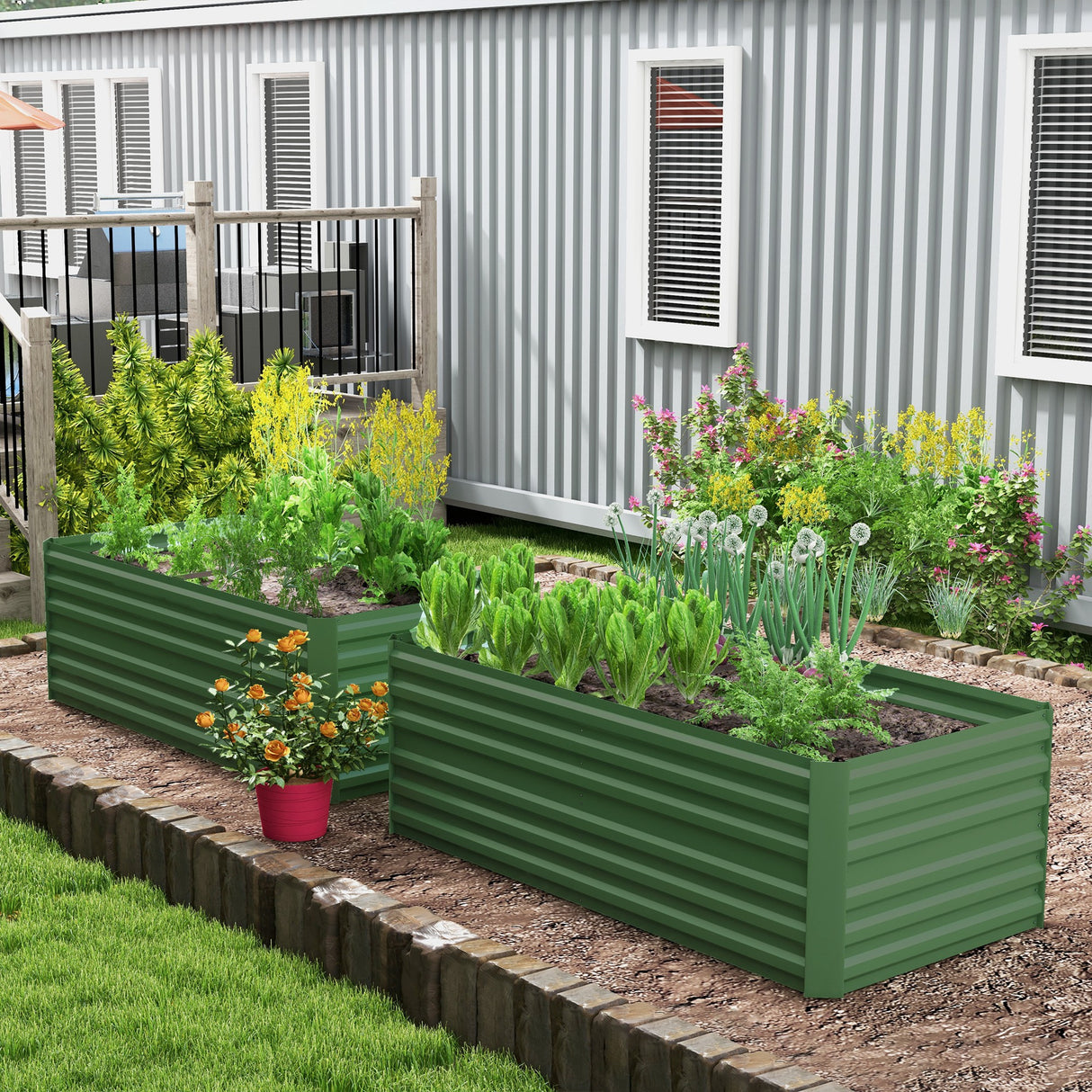 Galvanised Steel Outdoor Garden Planter Box 180cm Wide in Set Of 2 - Velmora