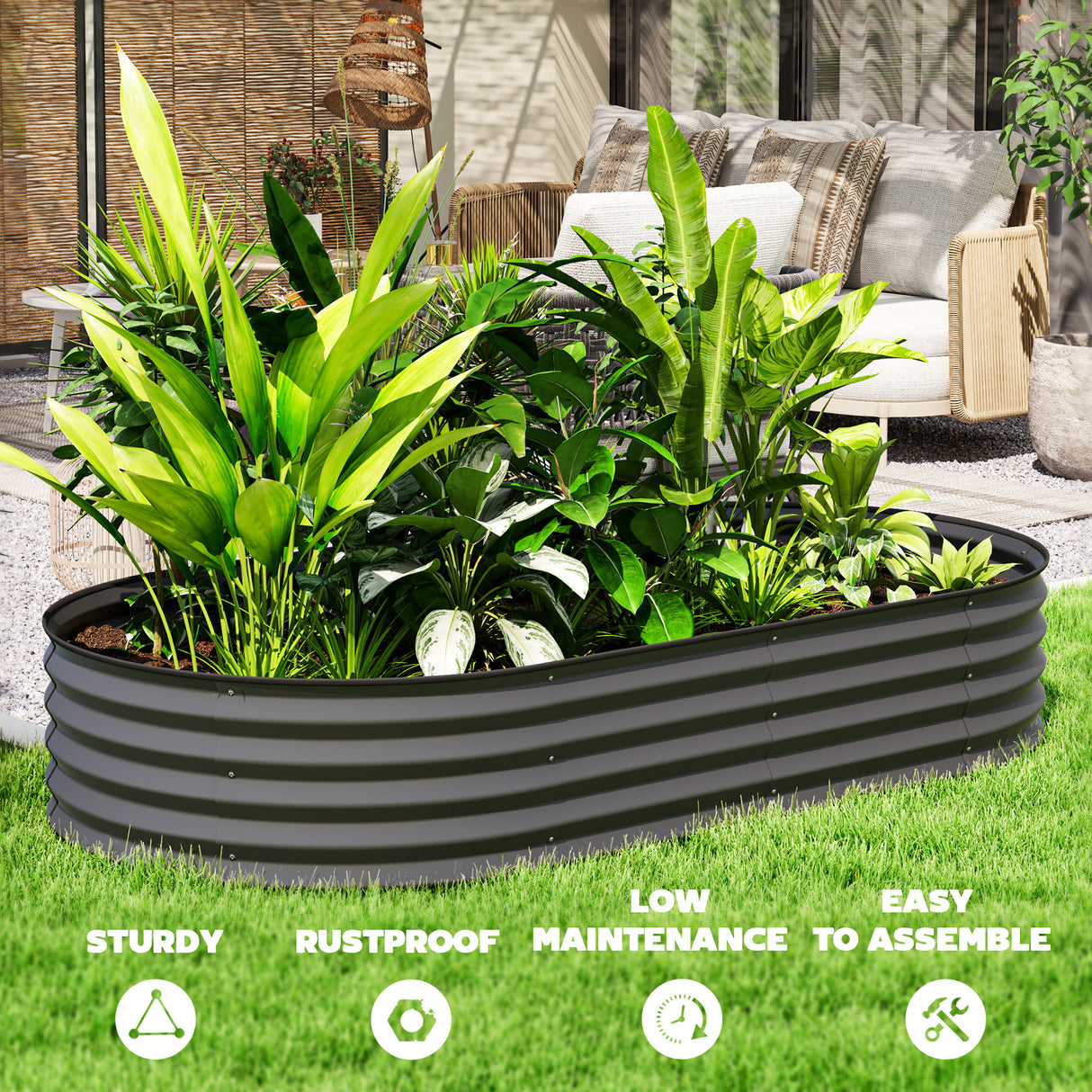Galvanised Steel Outdoor Garden Planter Box 181cm Wide in Set Of 2 - Velmora