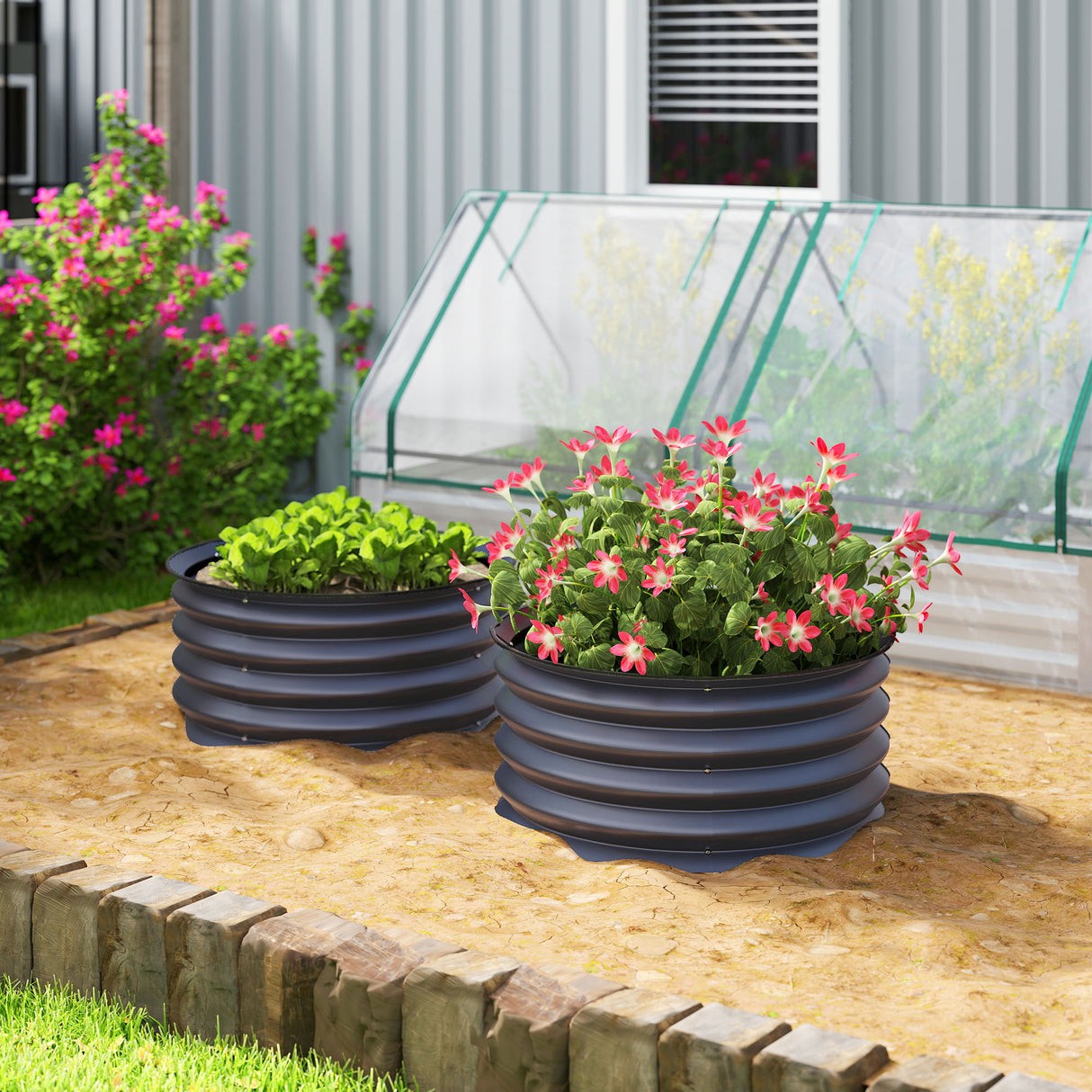 Galvanised Steel Outdoor Garden Planter Box 60cm Diameter in Set Of 2 - Velmora