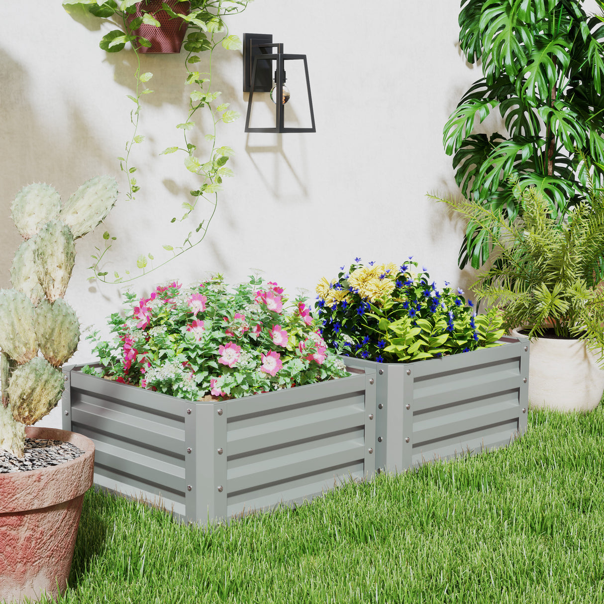 Galvanised Steel Outdoor Garden Planter Box 60cm Wide in Set Of 2 - Velmora