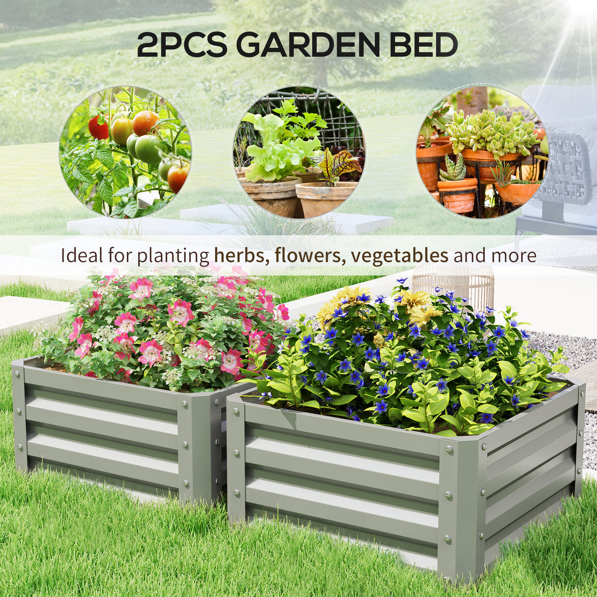 Galvanised Steel Outdoor Garden Planter Box 60cm Wide in Set Of 2 - Velmora