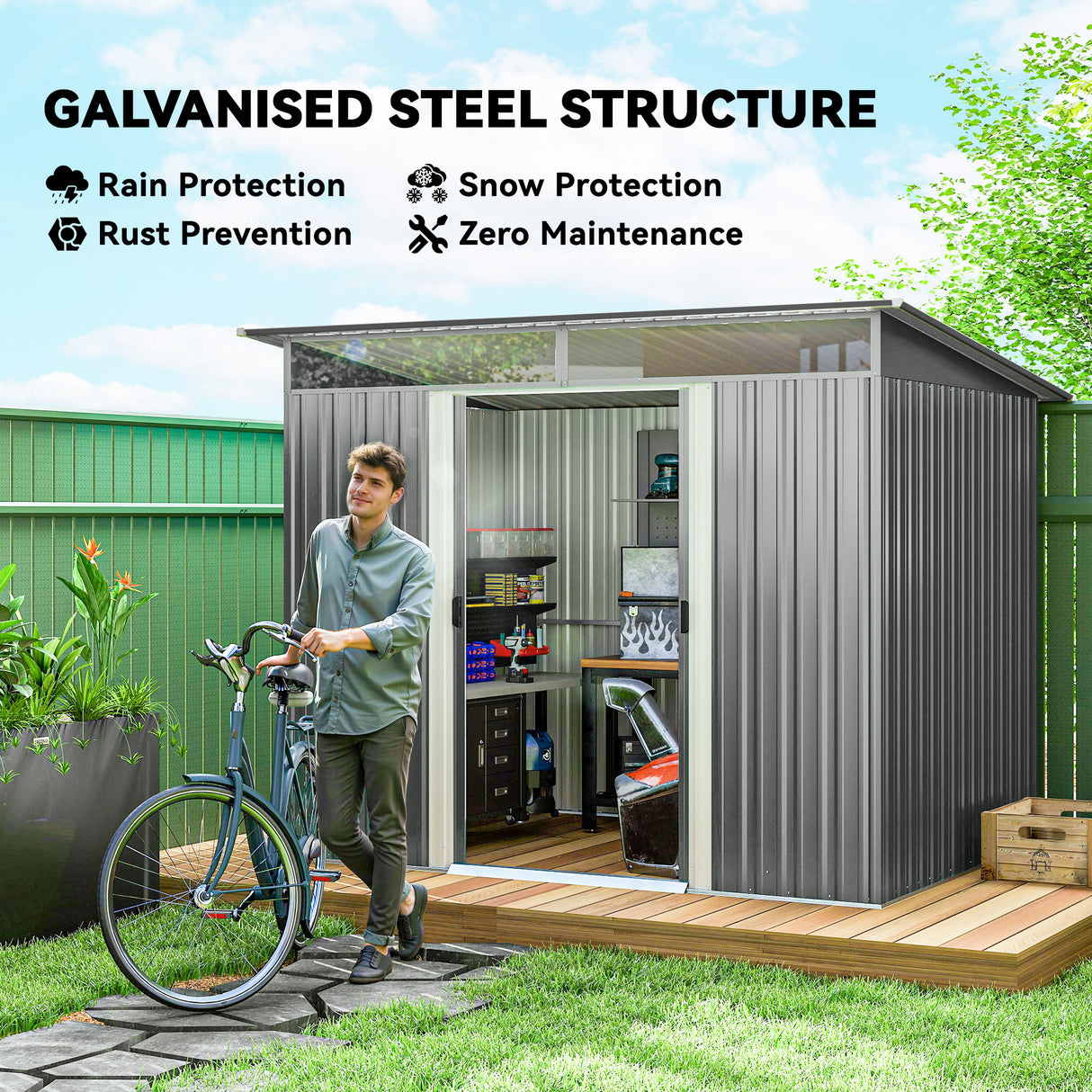 Galvanised Steel Outdoor Garden Shed 8.9ft x 6.5ft - Velmora