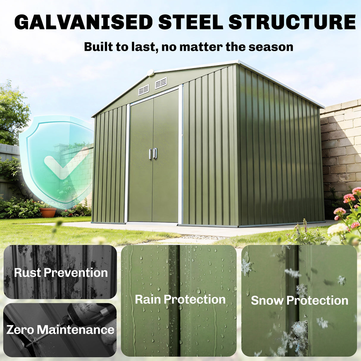 Galvanised Steel Outdoor Garden Shed 9ft x 6ft - Velmora
