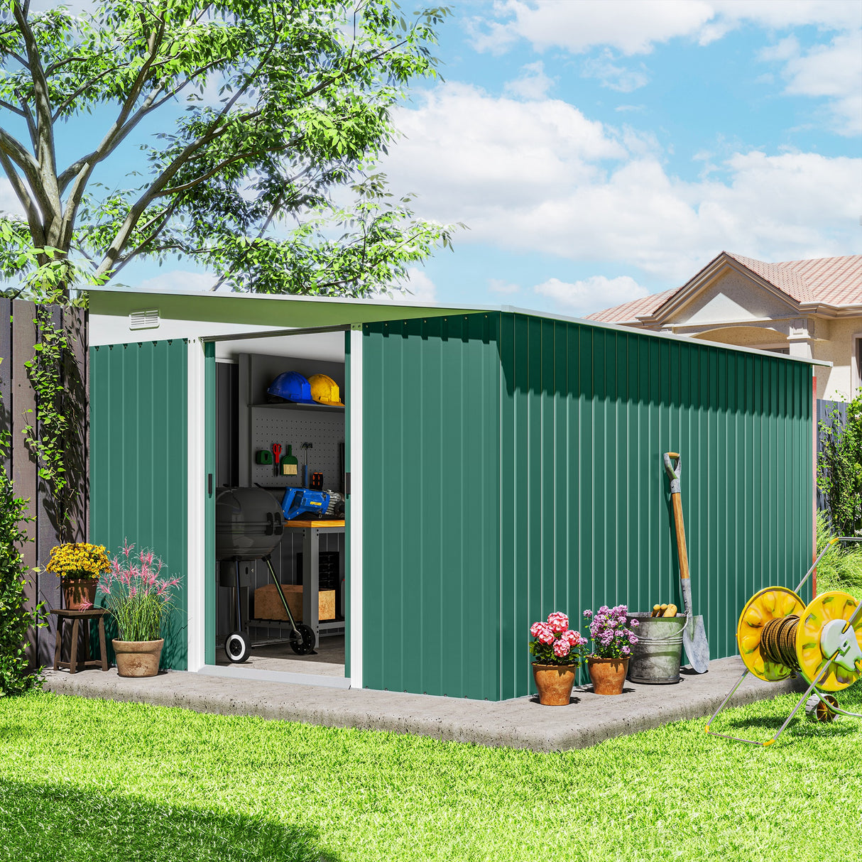 Galvanised Steel Outdoor Garden Storage Shed 11.3ft x 9.2ft - Velmora