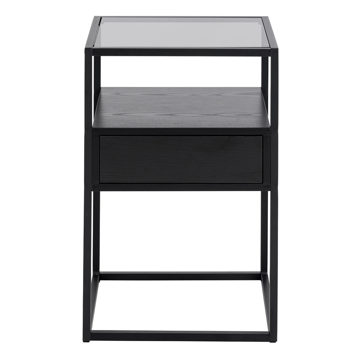 Glass Bedside Table Square With 1 Black Drawer - Randolf