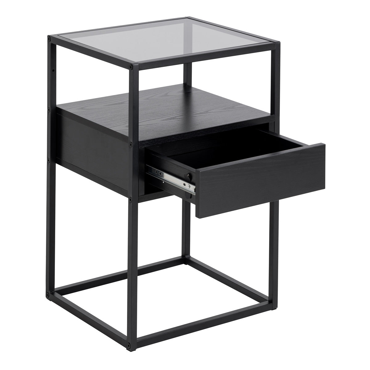 Glass Bedside Table Square With 1 Black Drawer - Randolf
