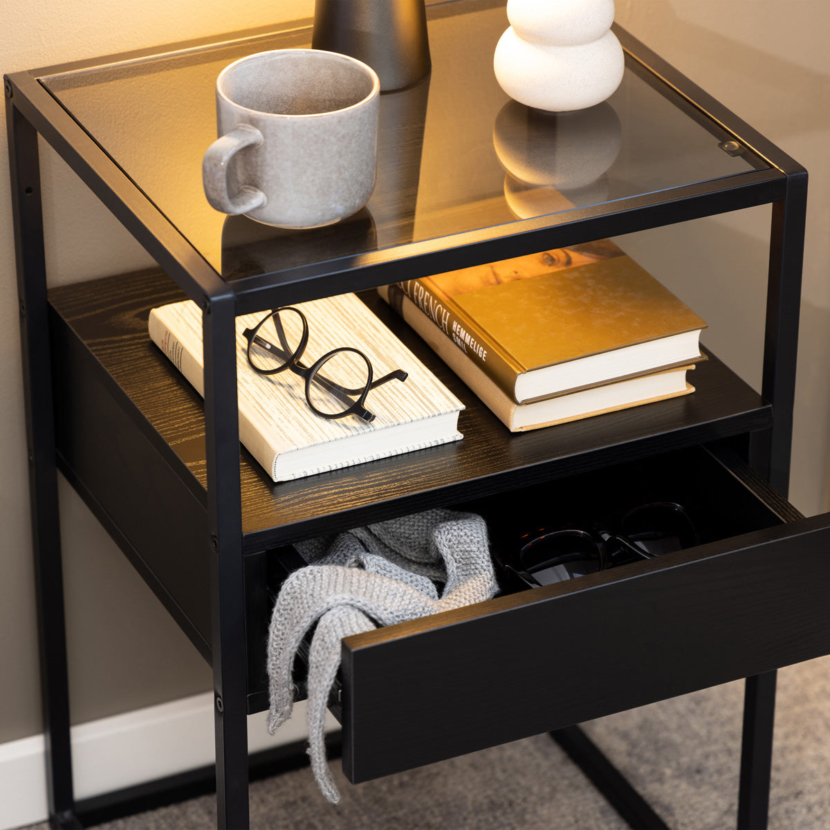 Glass Bedside Table Square With 1 Black Drawer - Randolf