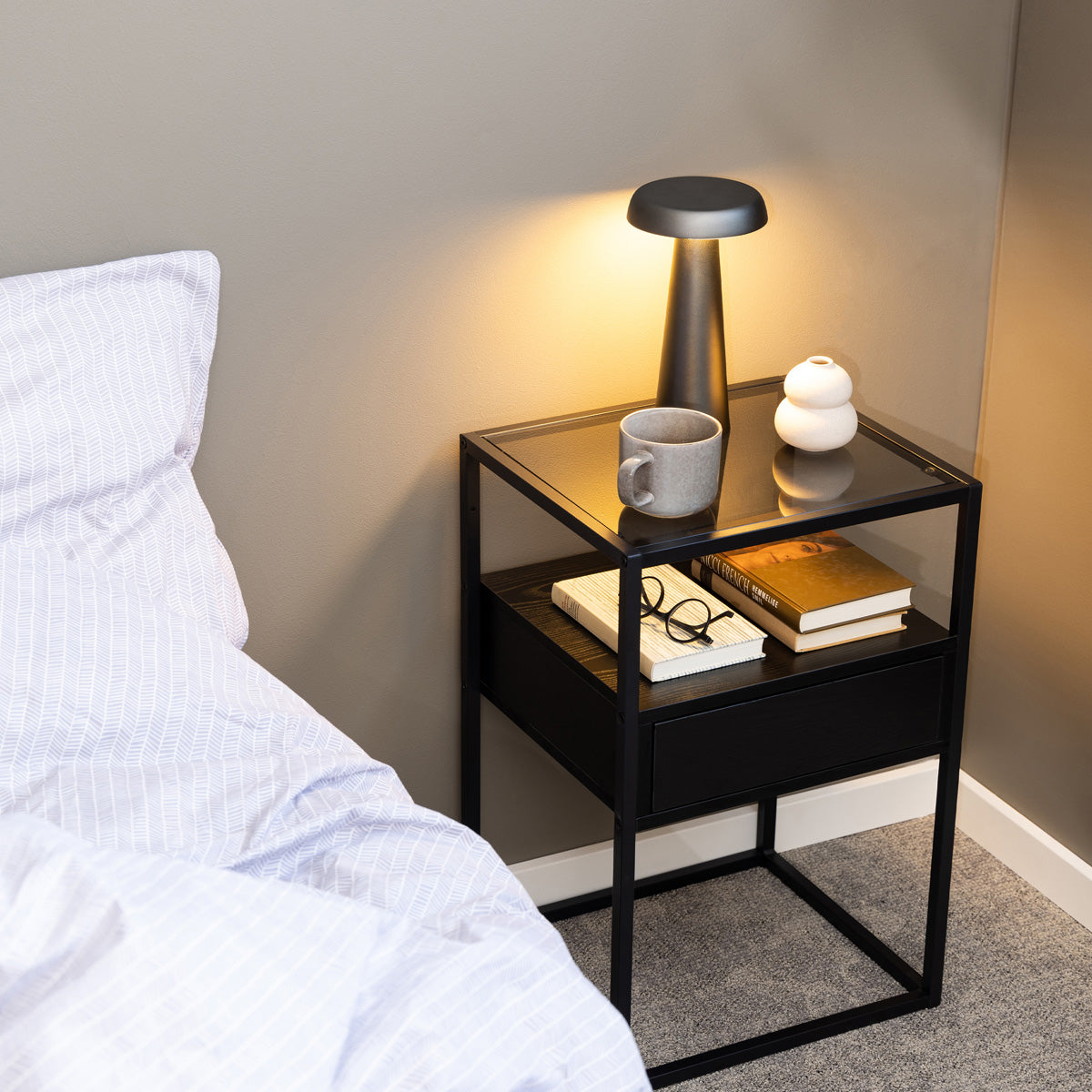 Glass Bedside Table Square With 1 Black Drawer - Randolf