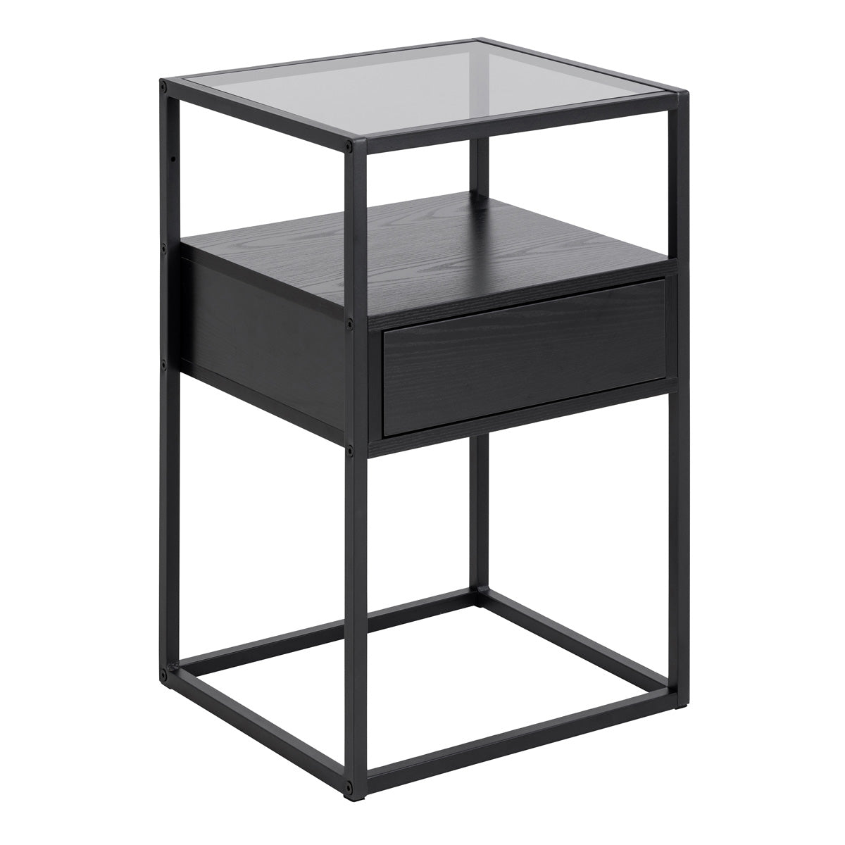 Glass Bedside Table Square With 1 Black Drawer - Randolf