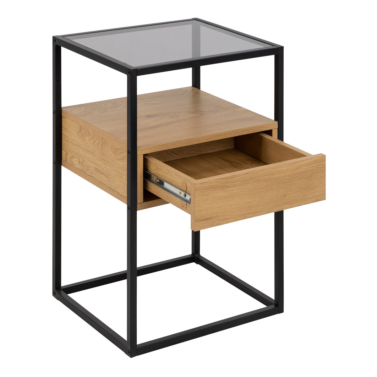 Glass Bedside Table Square With 1 Oak Drawer - Randolf