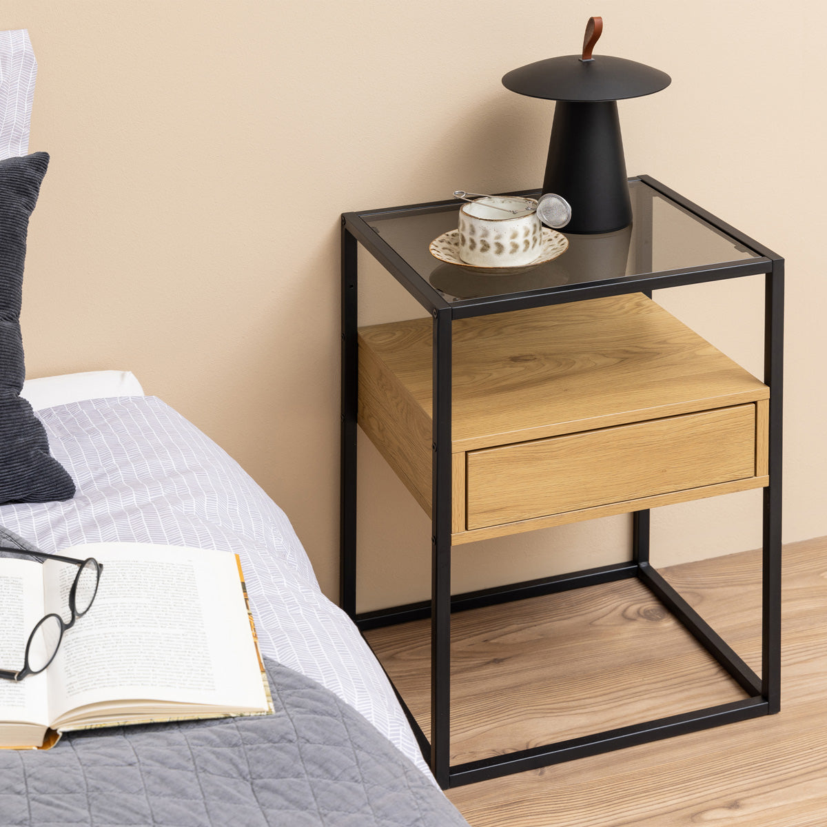 Glass Bedside Table Square With 1 Oak Drawer - Randolf