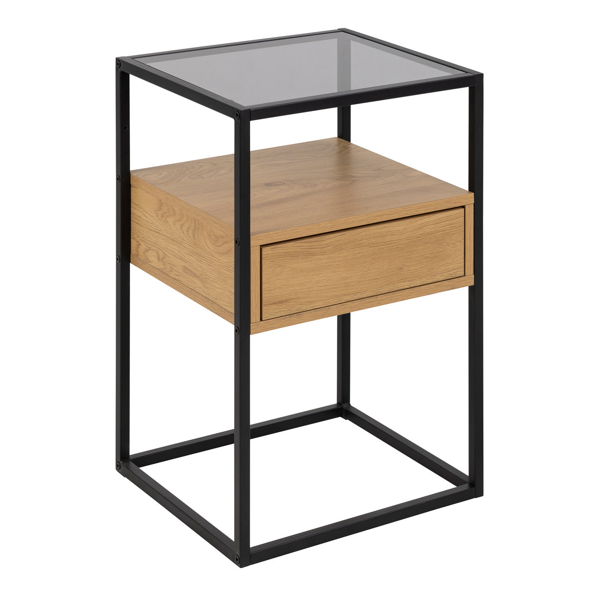 Glass Bedside Table Square With 1 Oak Drawer - Randolf