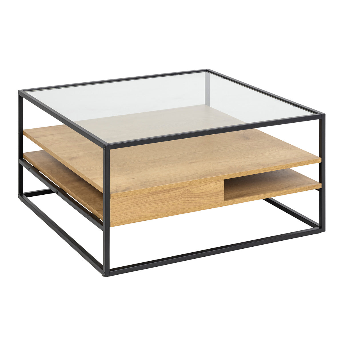 Glass Coffee Table Square With 2 Oak Shelves - Randolf
