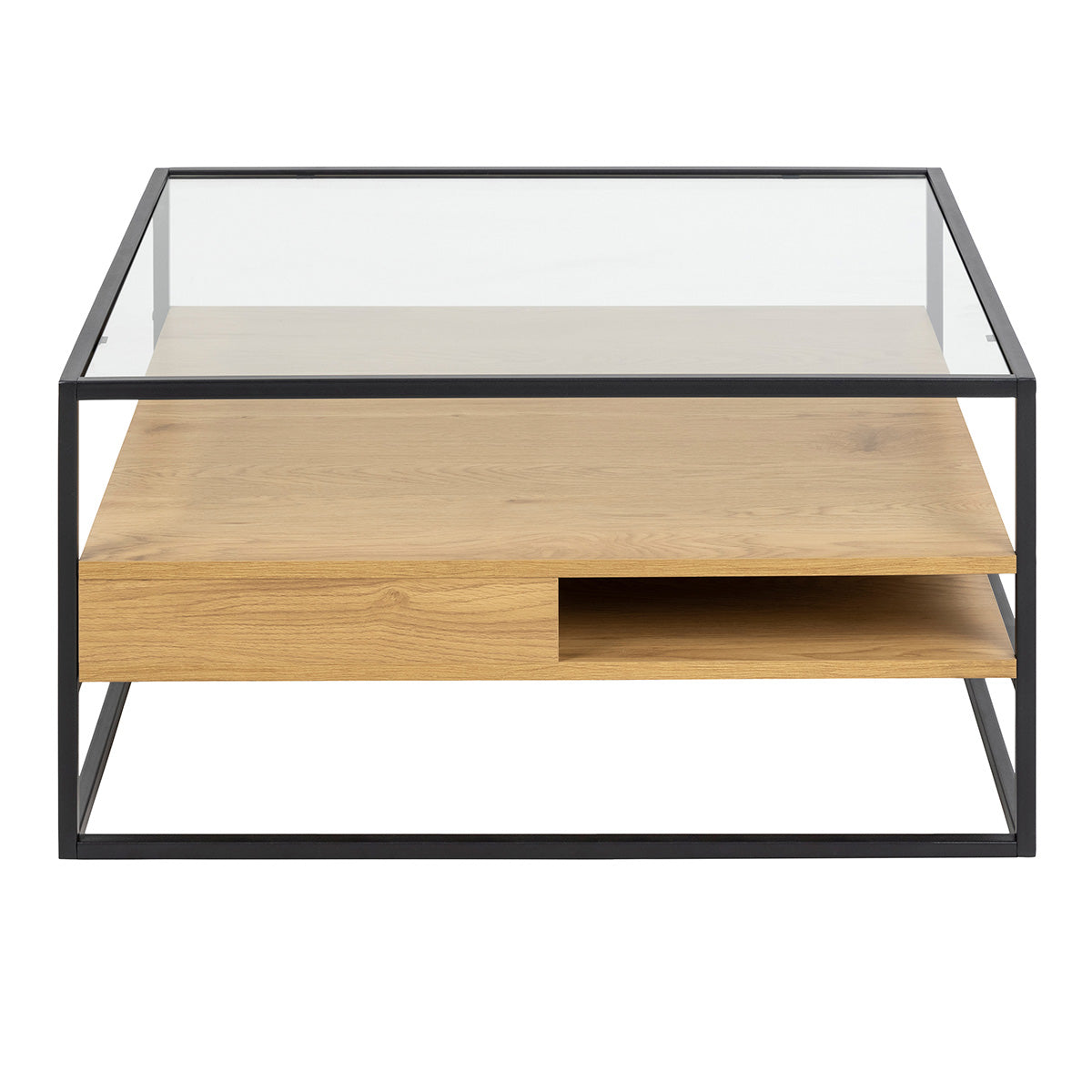 Glass Coffee Table Square With 2 Oak Shelves - Randolf