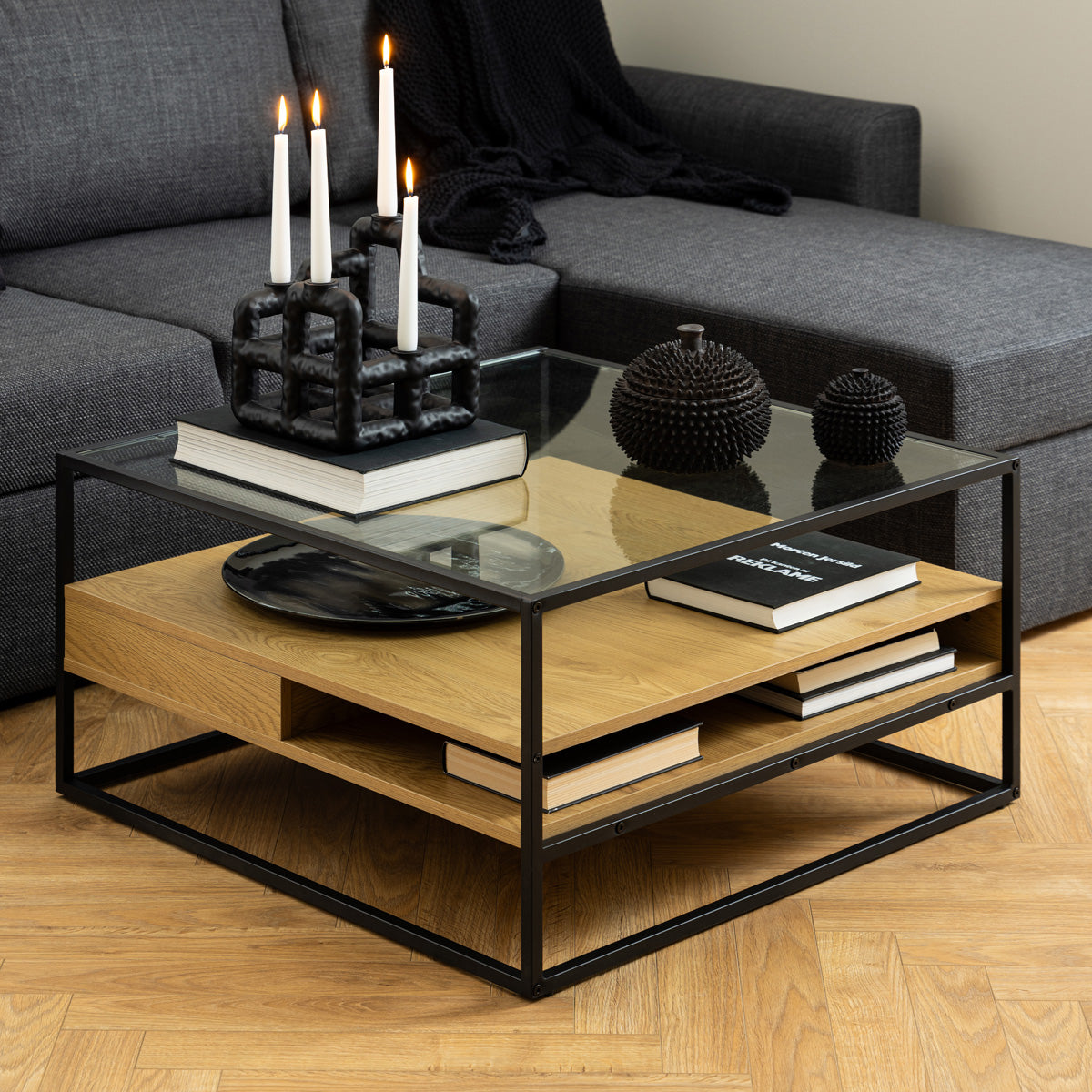 Glass Coffee Table Square With 2 Oak Shelves - Randolf