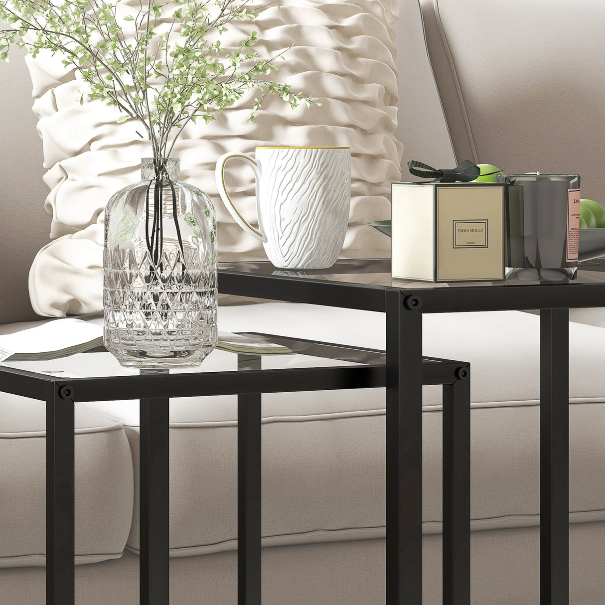 Glass Nest Of 2 Tables 42cm Wide With Steel Frame - Velmora