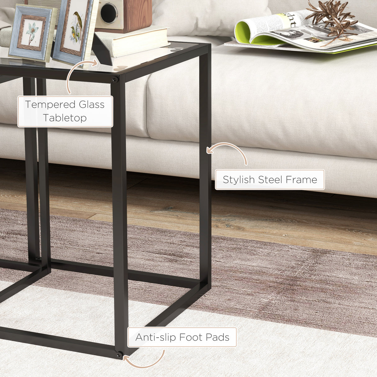 Glass Nest Of 2 Tables 42cm Wide With Steel Frame - Velmora
