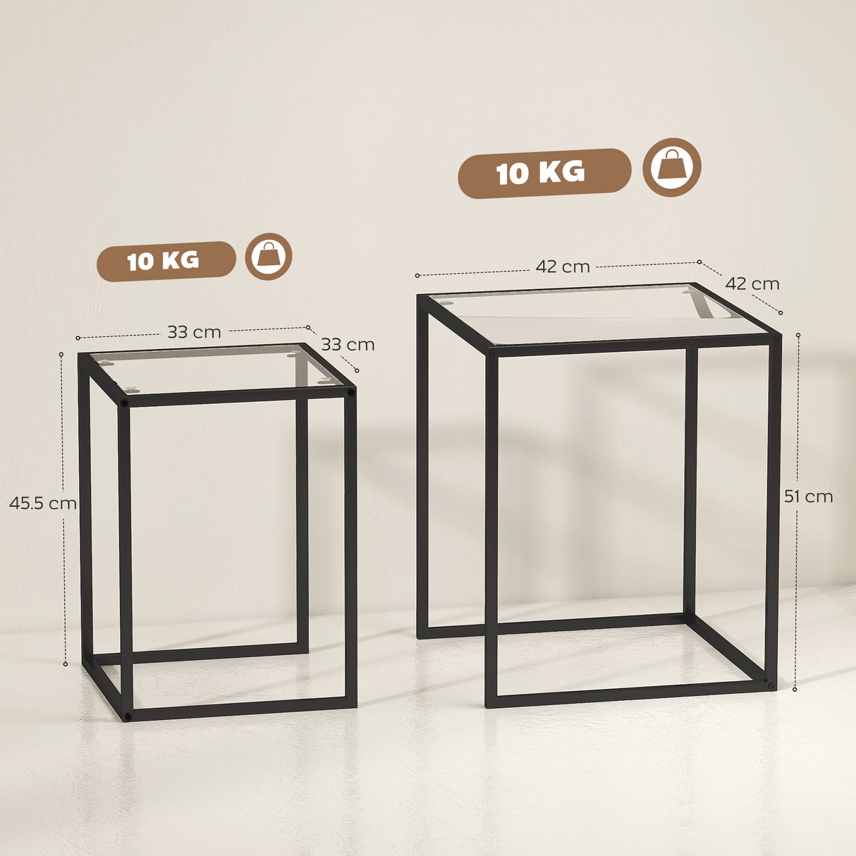 Glass Nest Of 2 Tables 42cm Wide With Steel Frame - Velmora