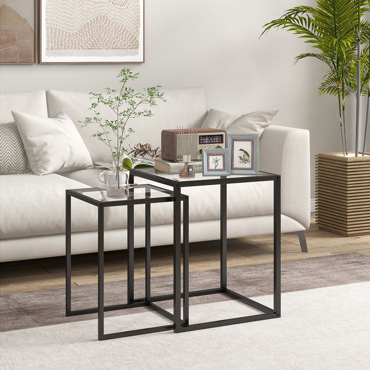 Glass Nest Of 2 Tables 42cm Wide With Steel Frame - Velmora