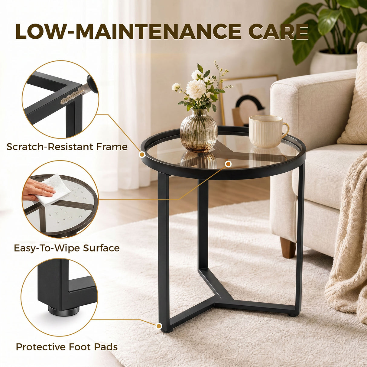 Glass Side Table 45cm Wide With Gold Metal Frame - Velmora